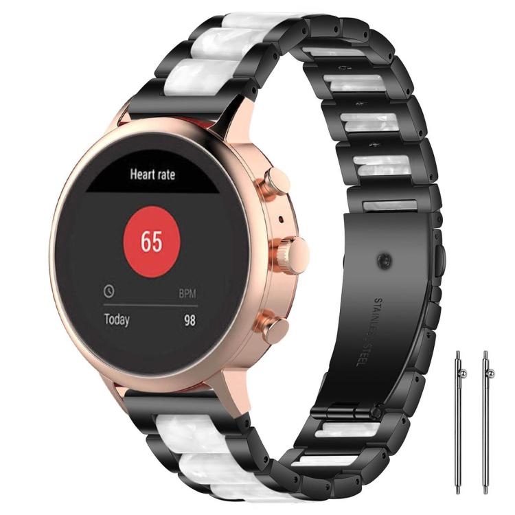Black metal watch band with white resin links, shown on a round smartwatch.