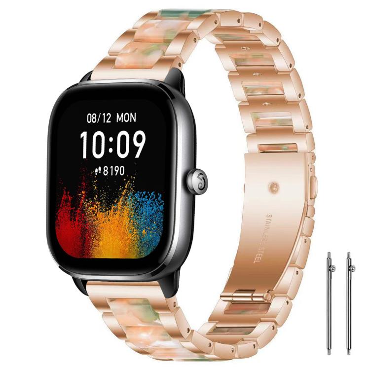 Rose gold metal watch band with green and peach resin inlays
