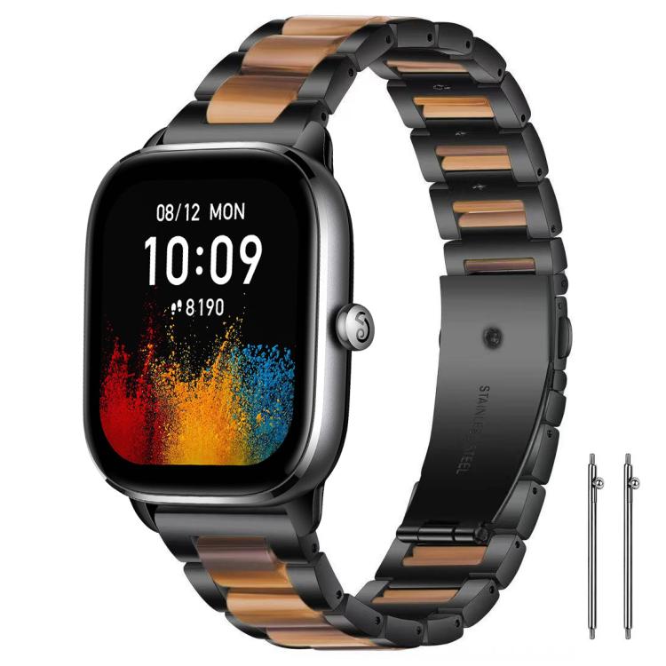 Black metal watch band with brown resin inlays and linked beads