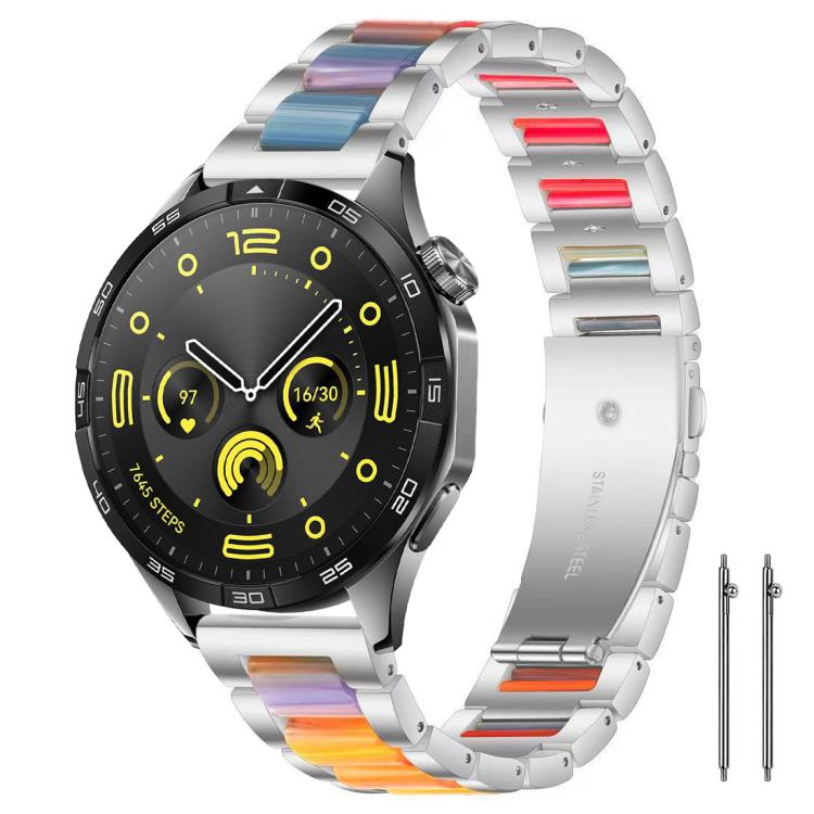Silver metal watch band with colorful rainbow resin inlays