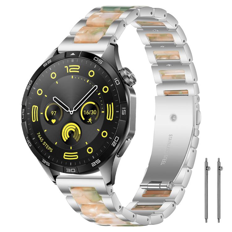 Smartwatch with a silver metal band and peach-green marbled resin links
