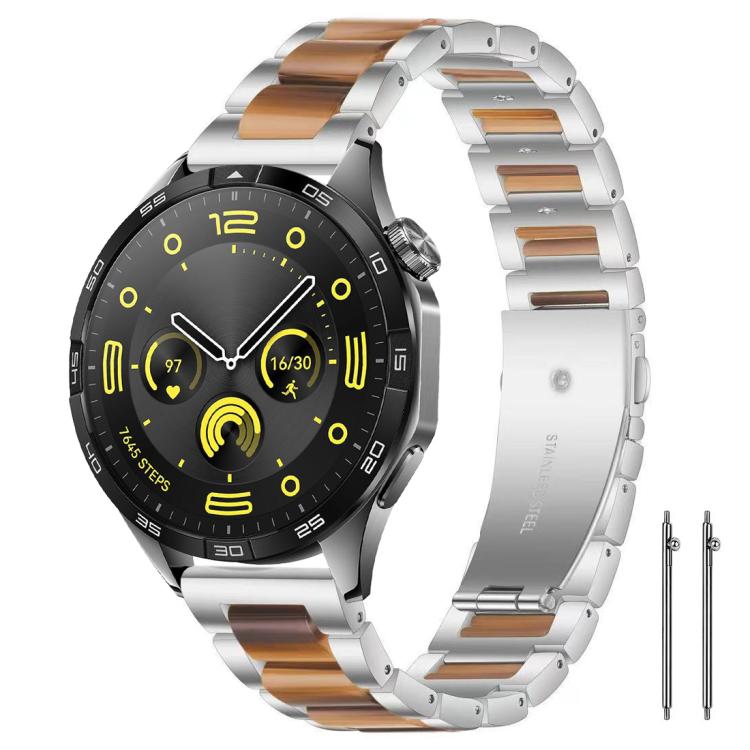 Smartwatch with a silver metal band and brown resin links