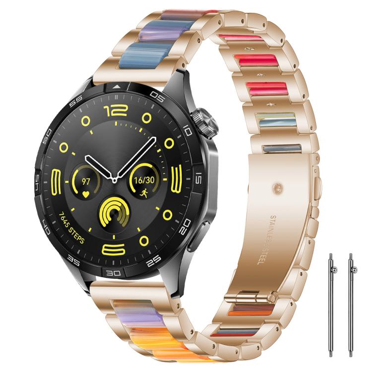 Smartwatch with a rose gold metal band and multicolor resin links