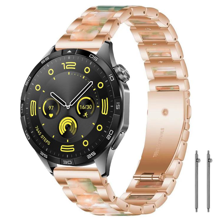 Smartwatch with a rose gold metal band and peach-green marbled resin links
