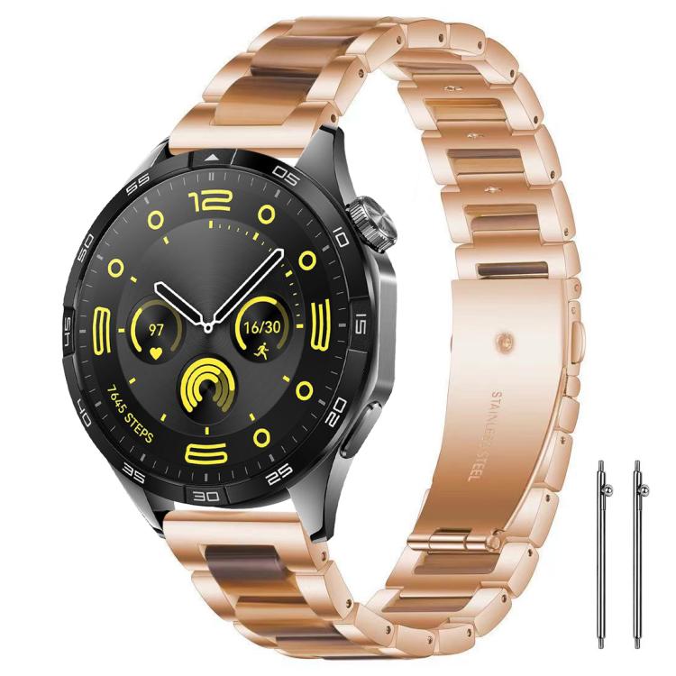 Smartwatch with a rose gold metal band and brown resin links