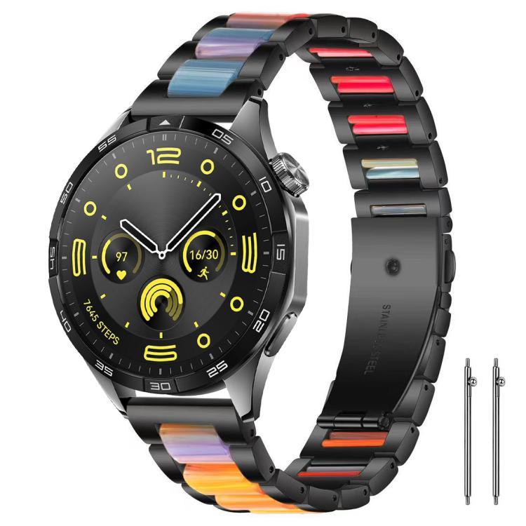 Smartwatch with a black metal band and multicolor resin links
