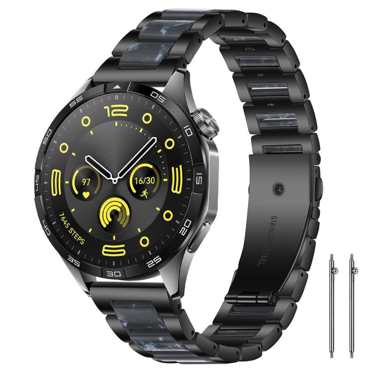 Smartwatch with a black metal band and dark blue resin links