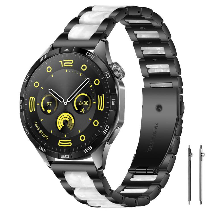 Black metal watch band with white resin links, shown on a black smartwatch.