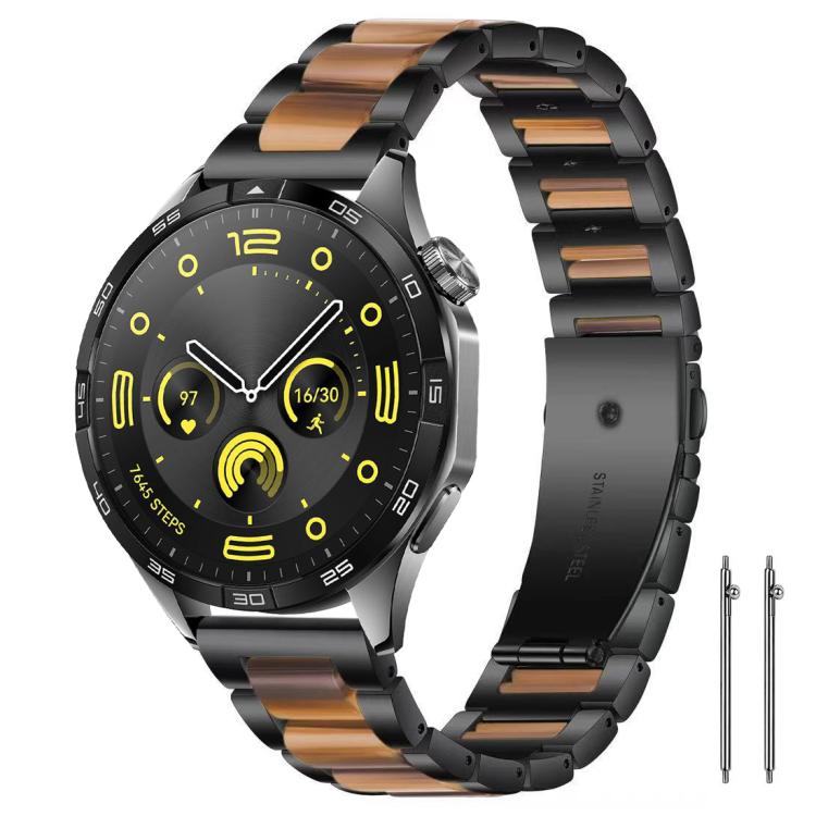 Black metal watch band with brown resin links, shown on a black smartwatch.