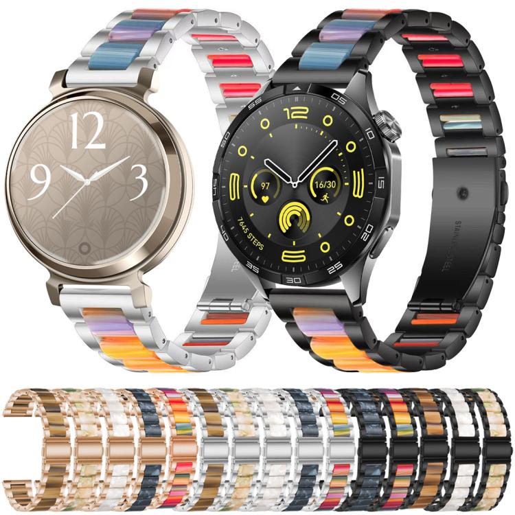 Metal watch bands with colorful resin links shown on two smartwatches and in a row of finishes.
