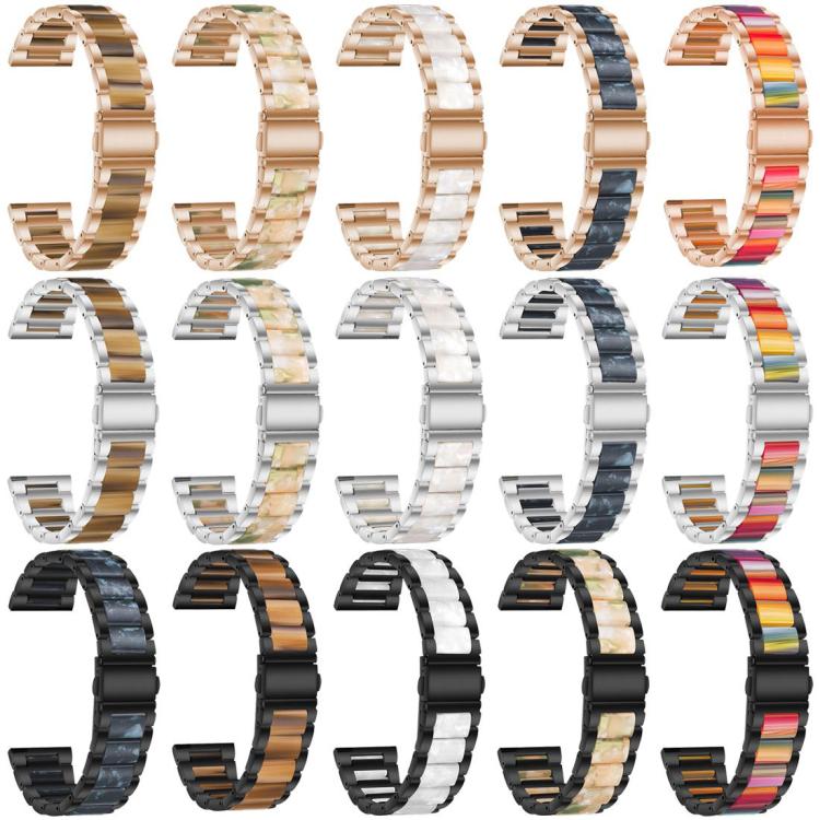 Curved metal watch bands in rose gold, silver, and black with assorted resin link colors.