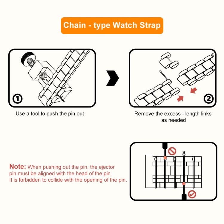 Watch band sizing guide showing how to push out pins and remove links to shorten the band.