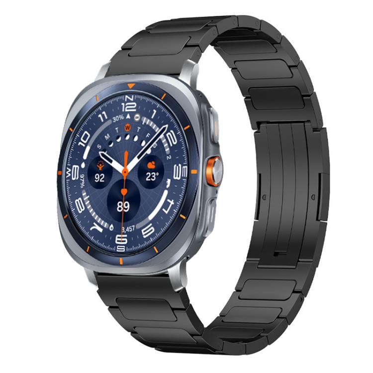 Black stainless steel watch band with linked metal bracelet, shown on a Galaxy Watch Ultra
