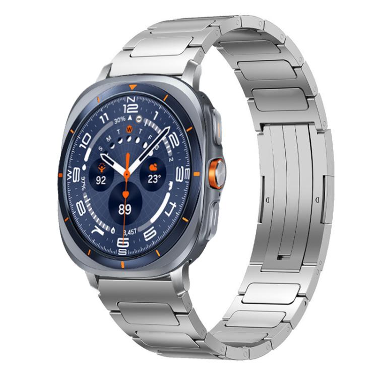 Silver stainless steel watch band with linked metal bracelet, shown on a Galaxy Watch Ultra