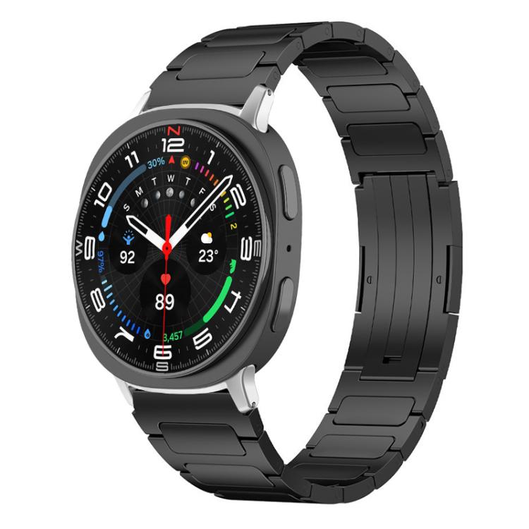 Black stainless steel watch band with linked bracelet, shown on a Galaxy Watch