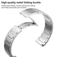 Silver stainless steel watch band with an open folding clasp and linked bracelet