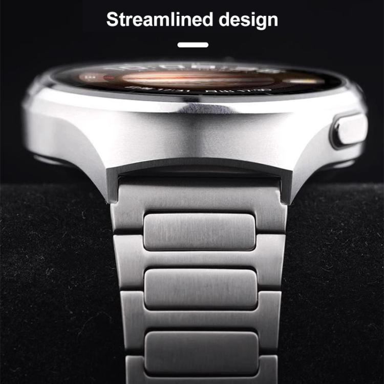 Silver stainless steel watch band fitted to a watch, showing the linked bracelet connection