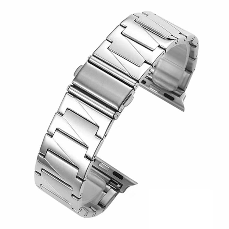 Silver stainless steel Apple Watch band with broad stepped links and a folding clasp
