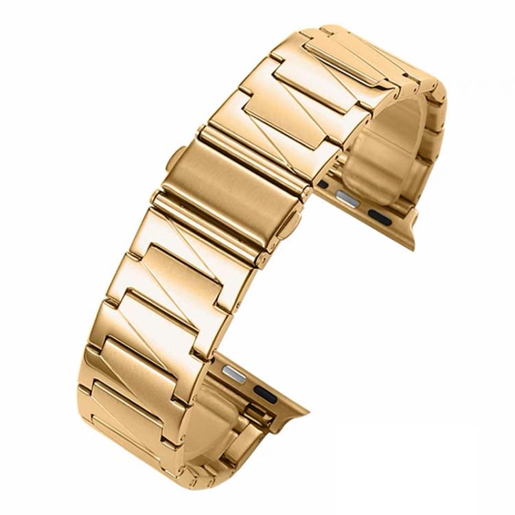 Gold stainless steel Apple Watch band with broad stepped links and a folding clasp