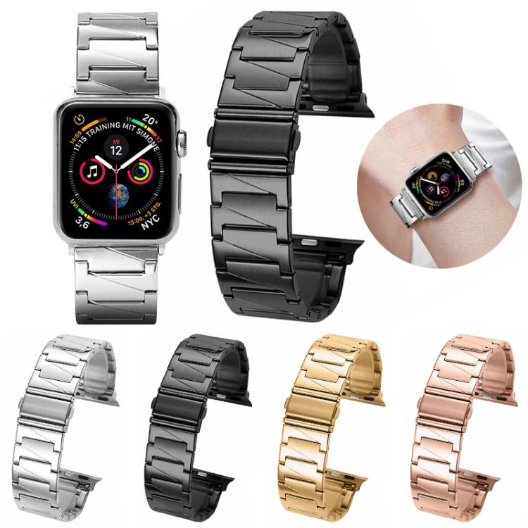 Stainless steel Apple Watch bands in four colors, shown on watches and wrists