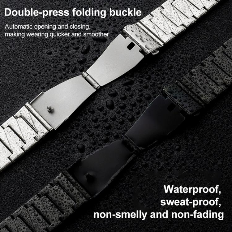 Stainless steel Apple Watch bands showing the open double-press folding clasps