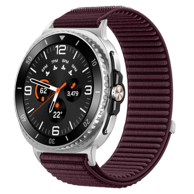 Plum woven nylon hook-and-loop watch band fitted to a silver smartwatch