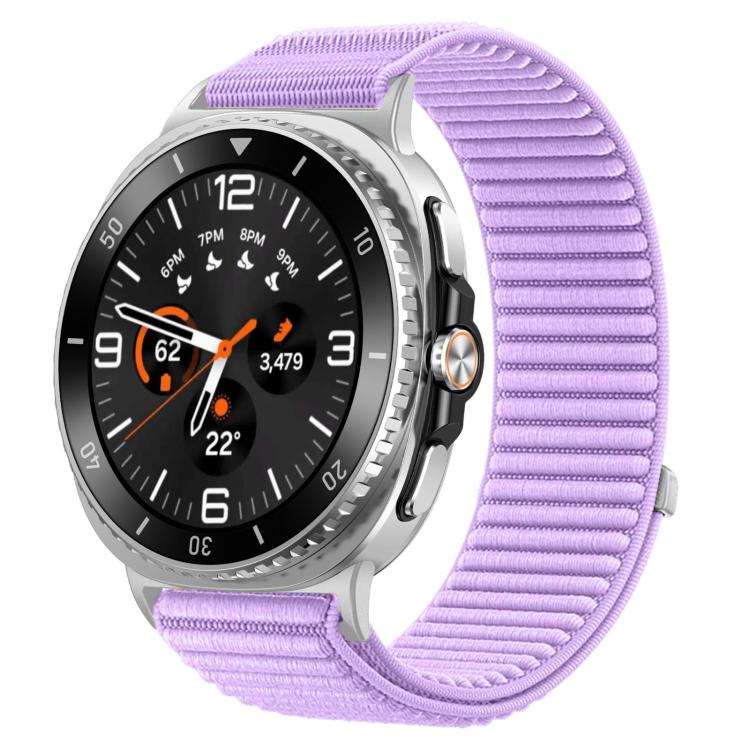 Lavender woven nylon hook-and-loop watch band fitted to a silver smartwatch