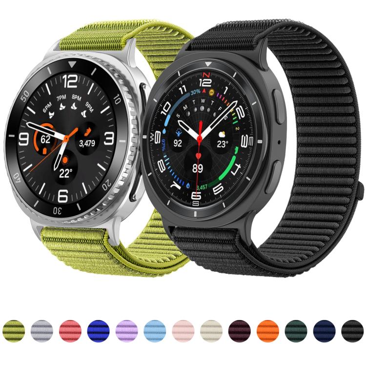 Green and black woven nylon watch bands shown on round smartwatches, with color options below