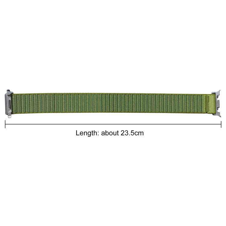 Green woven nylon watch band laid flat, about 23.5 cm long