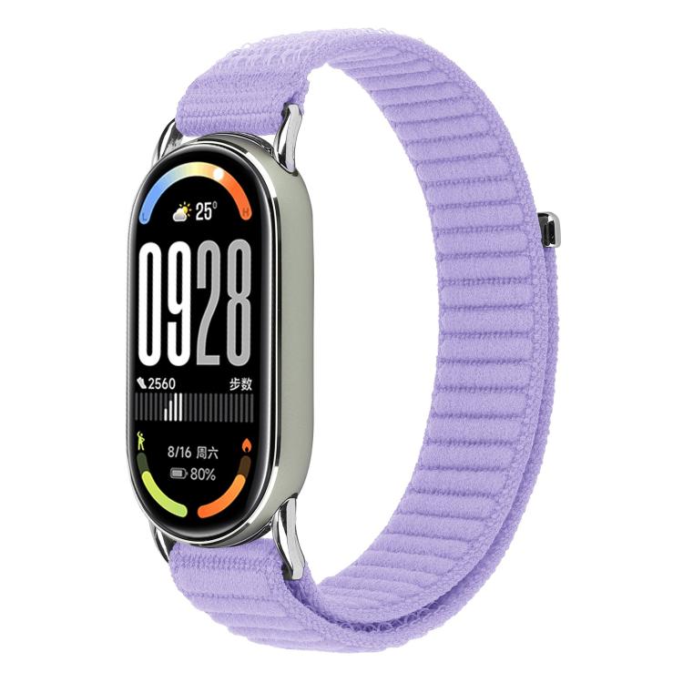 Lilac ribbed woven nylon watch band fitted to a smartwatch