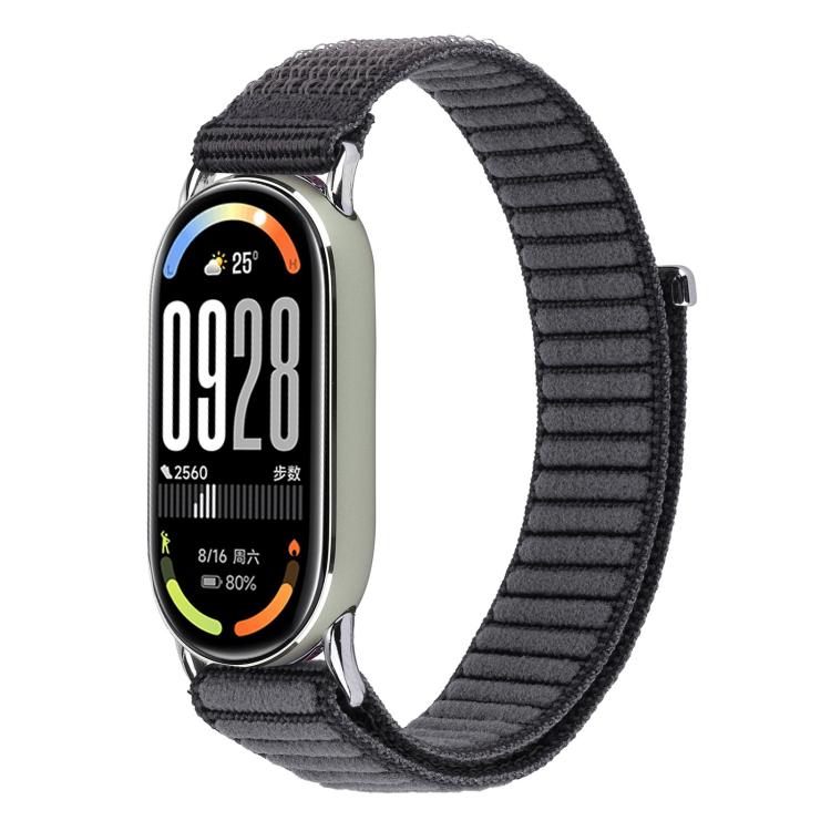 Black ribbed woven nylon watch band fitted to a smartwatch