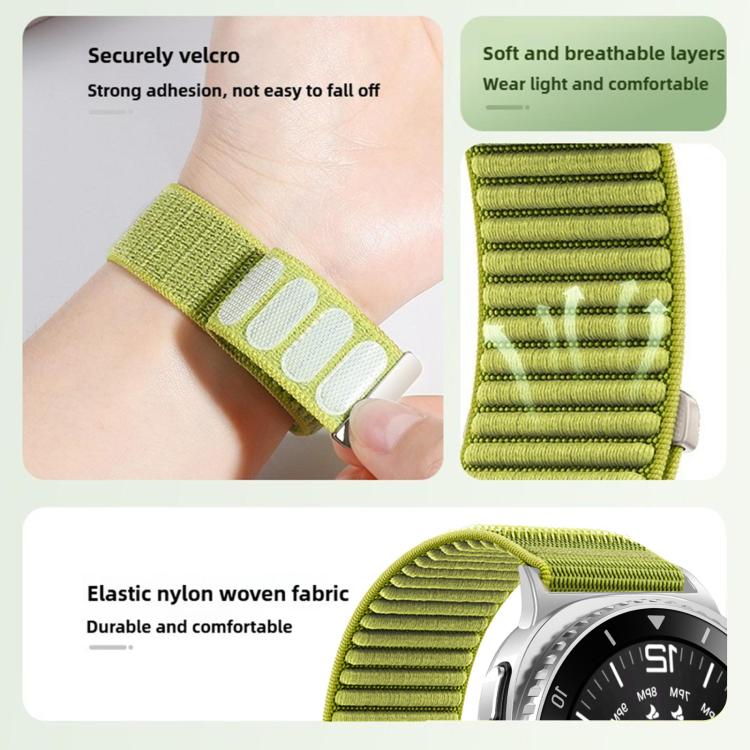 Green woven nylon watch band with hook-and-loop closure and elastic ribbed fabric