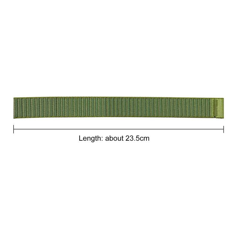 Green woven nylon watch band shown flat, about 23.5 cm long