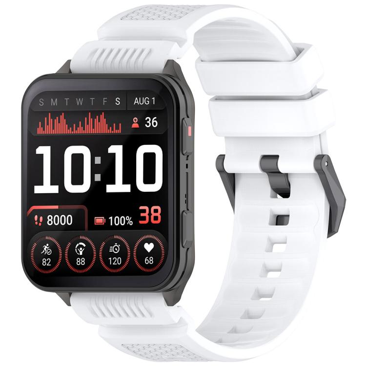 White silicone watch band with a rectangular smartwatch and perforated strap