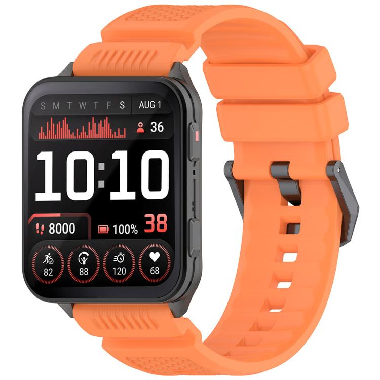Orange silicone watch band with a rectangular smartwatch and perforated strap