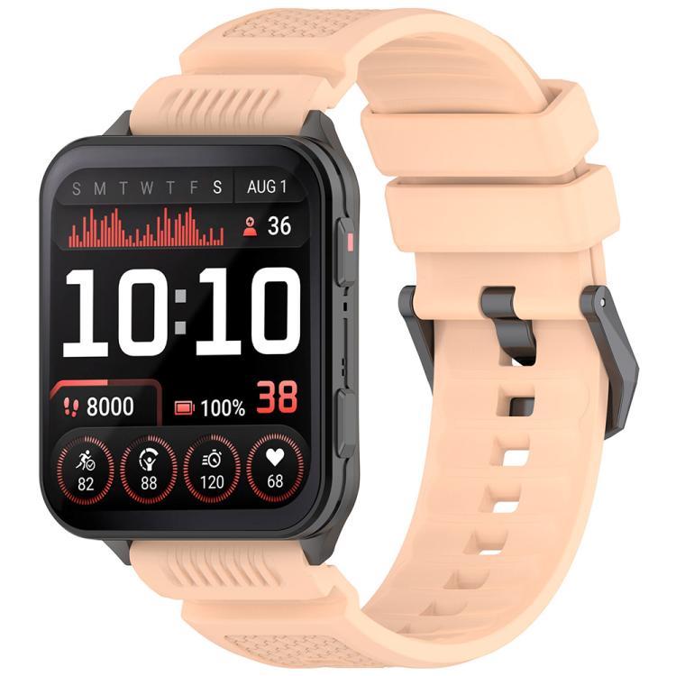 Light pink silicone watch band with a rectangular smartwatch and perforated strap