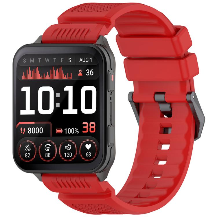 Red silicone watch band with a rectangular smartwatch and perforated strap
