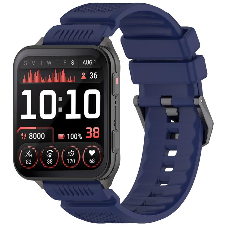 Dark blue silicone watch band with a rectangular smartwatch and perforated strap
