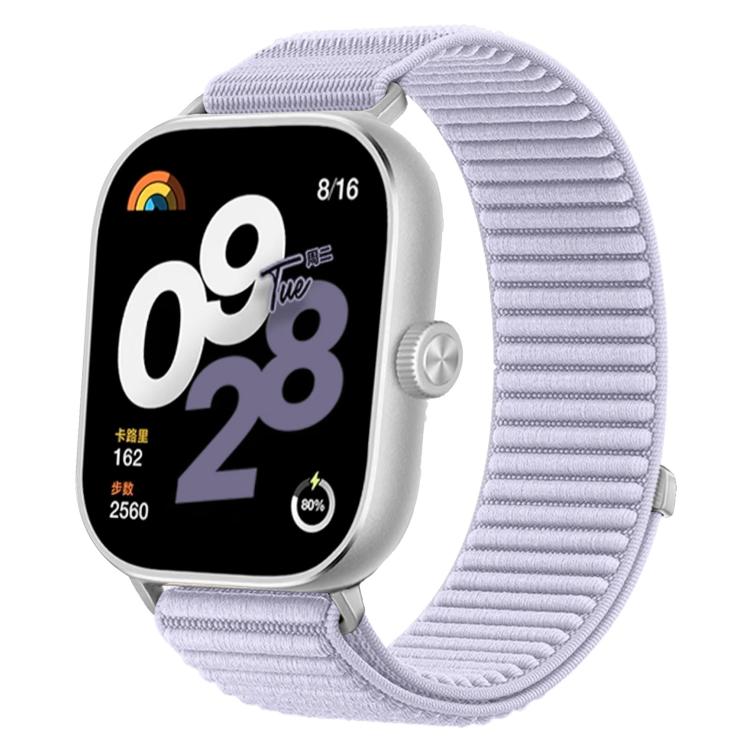 Pale lavender woven nylon hook-and-loop smartwatch band with silver watch case