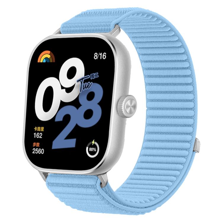 Light blue woven nylon watch band fitted to a smartwatch