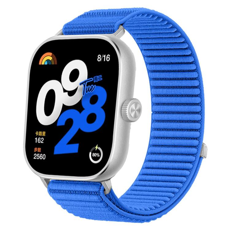 Bright blue woven nylon hook-and-loop smartwatch band with silver watch case