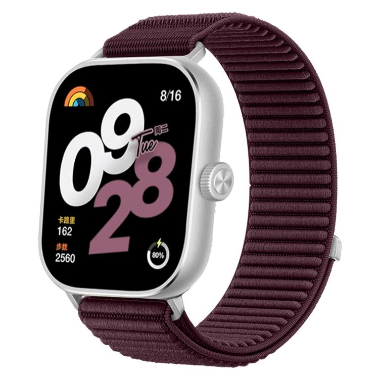 Dark plum woven nylon hook-and-loop smartwatch band with silver watch case