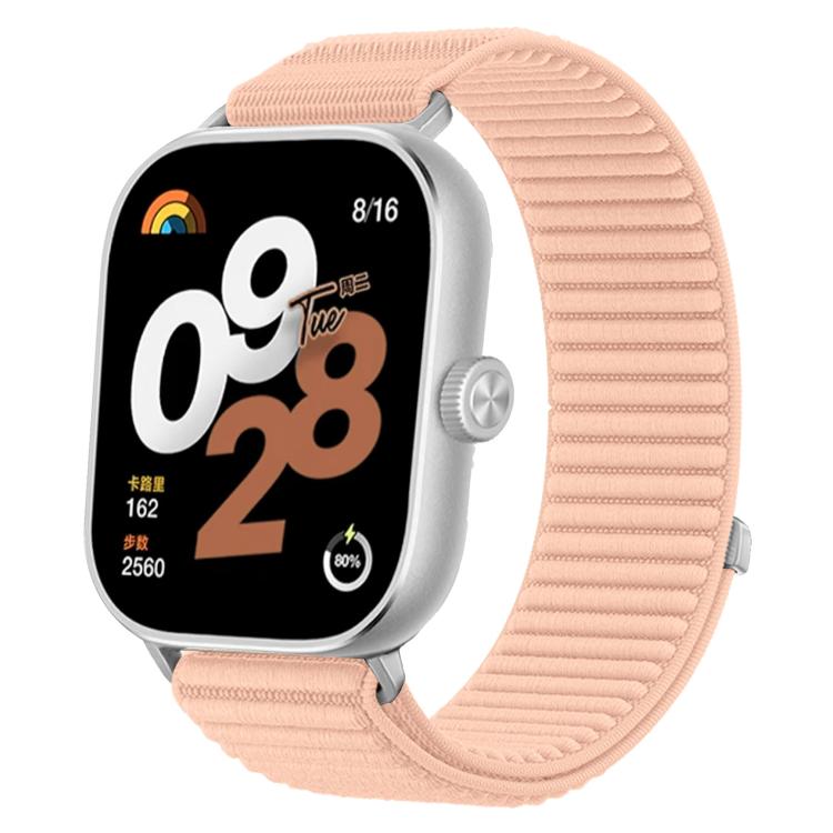 Peach pink woven nylon hook-and-loop smartwatch band with silver watch case