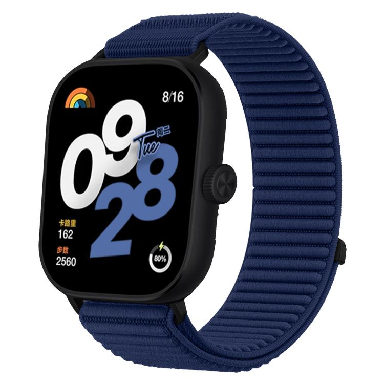 Navy woven nylon hook-and-loop smartwatch band with black watch case