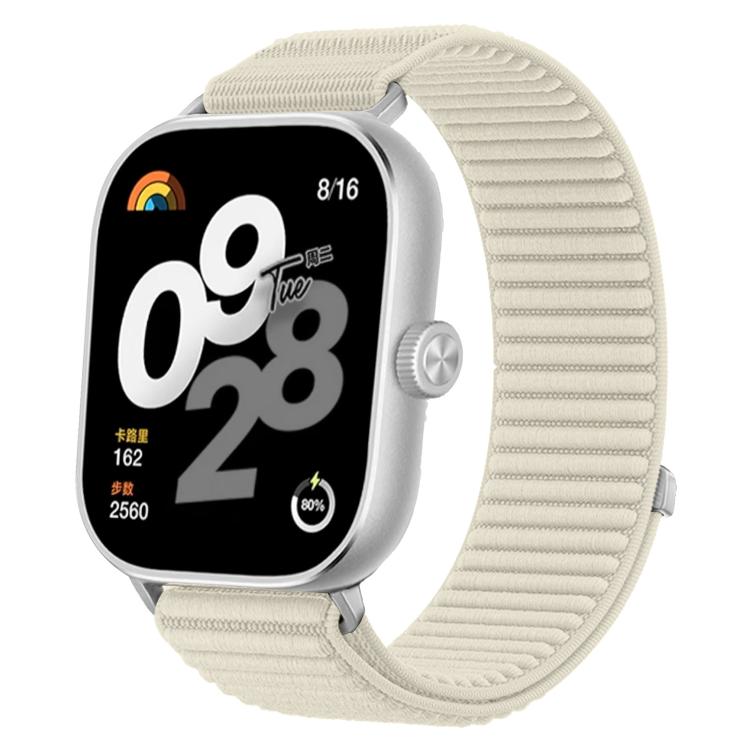 Cream woven nylon hook-and-loop smartwatch band with silver watch case