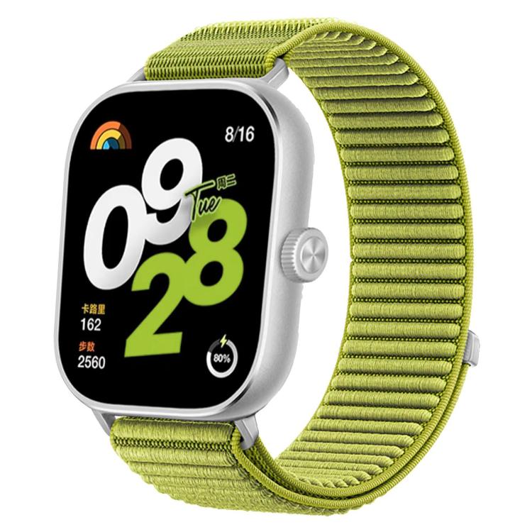 Lime green woven nylon hook-and-loop smartwatch band with silver watch case