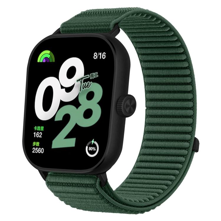 Smartwatch with a dark green woven nylon hook-and-loop band