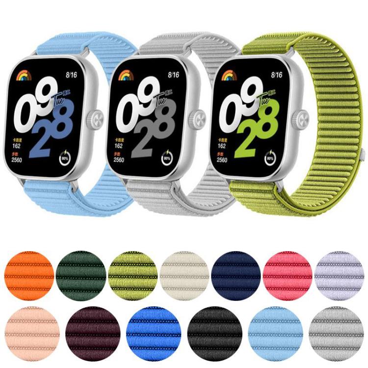 Woven nylon hook-and-loop smartwatch bands in blue, gray, and lime green, with color swatches