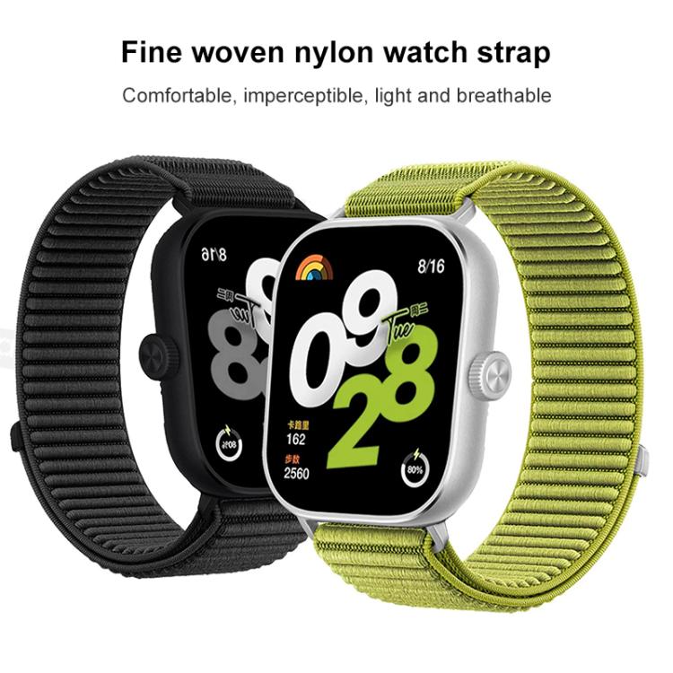 Woven nylon watch bands in black and lime green, shown on smartwatches