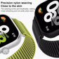 Lime green and black woven nylon watch bands shown on smartwatches